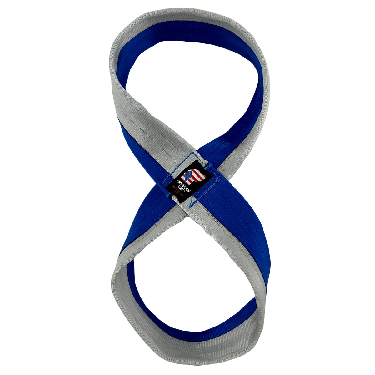 Seatbelt 2-Tone Figure 8 Tug dog toy in blue and gray webbing American Dog brand on Tampa Home & Garden Store