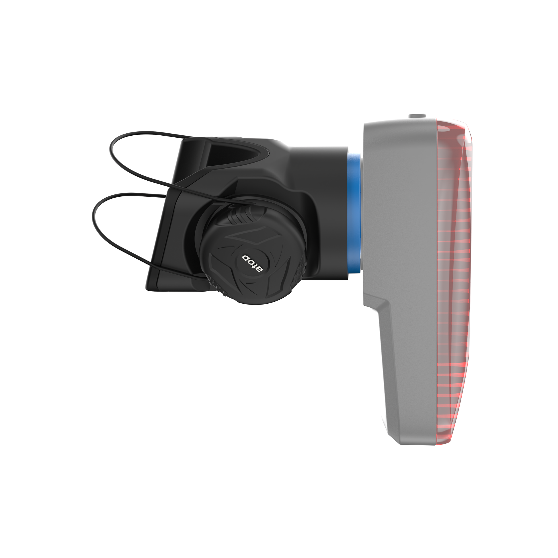 Seatpost radar mount by KOM Cycling, black clamp with blue spacer and integrated tail light on Tampa Home & Garden Store