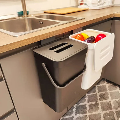 Perfecsy space-saving quiet-close trash can 3/5L in black with lid, paired with white bin on Tampa Home & Garden Store