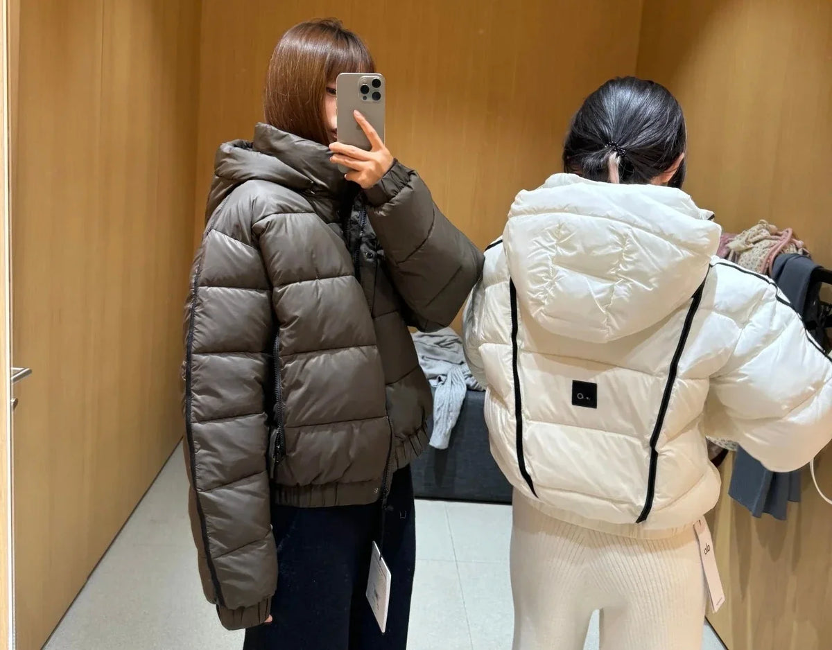 White hooded women's thick padded puffer jacket; two quilted coats shown by UpTrend Deals on Tampa Home & Garden Store