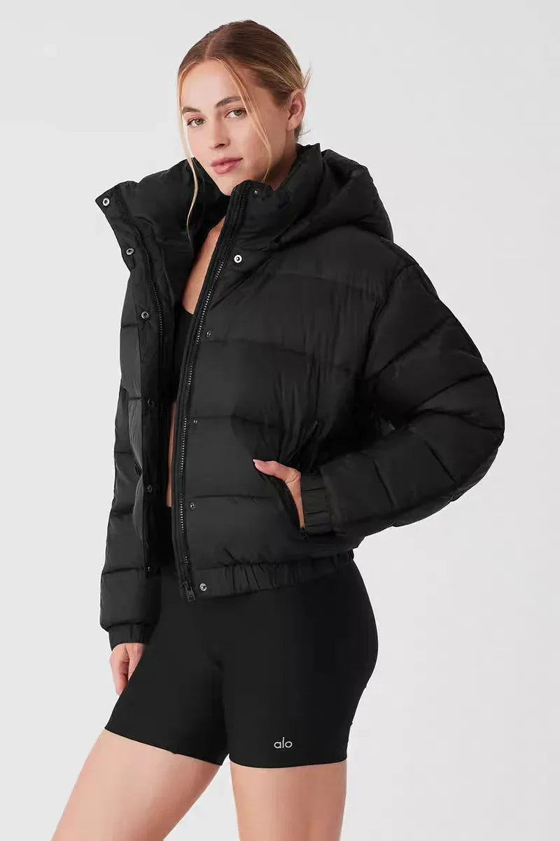 Women’s black hooded puffer jacket with thick padding; alo shorts visible with UpTrend Deals on Tampa Home & Garden Store
