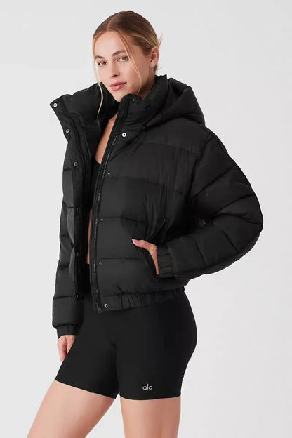 Women’s black hooded puffer jacket with thick padding; alo shorts visible with UpTrend Deals on Tampa Home & Garden Store