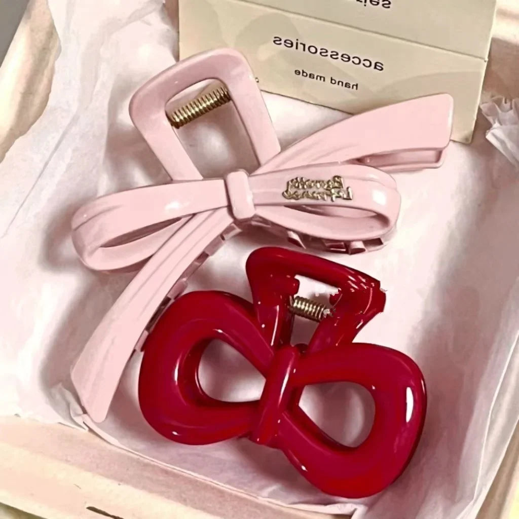 2pc pink and red bow hair clips with shark claw clamps by Silcy Skin Korean headwear accessory on Tampa Home & Garden Store