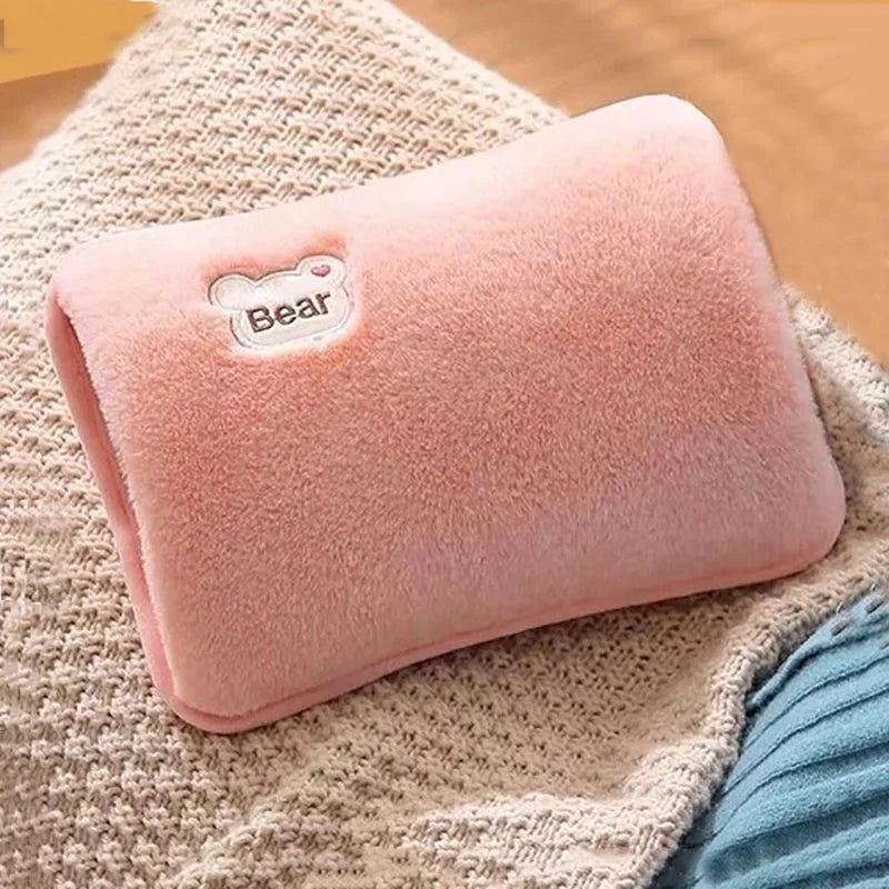 Rechargeable pink plush hand warmer heating pad with bear logo by Silcy Skin soft fabric on Tampa Home & Garden Store