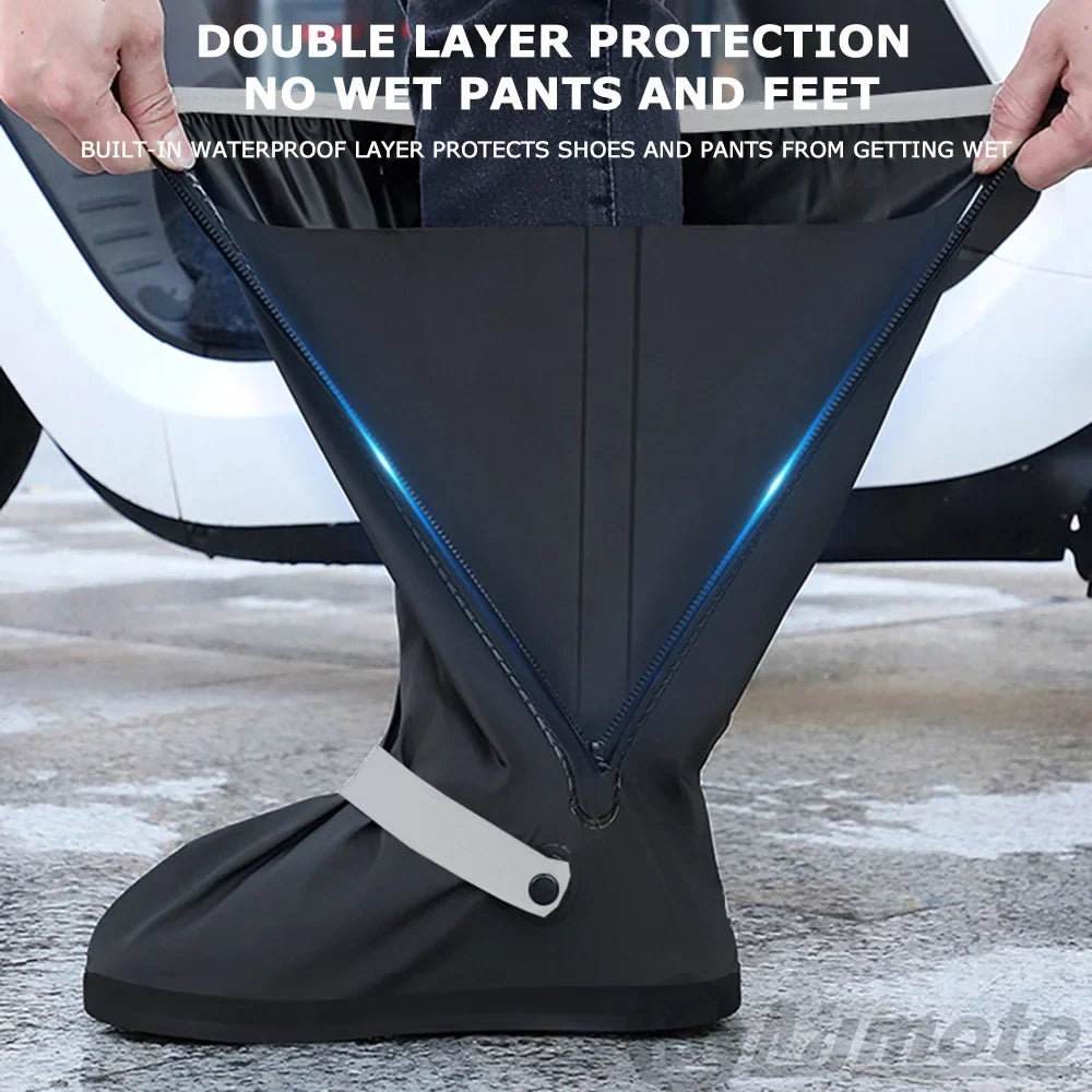 Motorcycle shoe cover BikerZoneZ, black waterproof with blue zipper trim and ankle strap on Tampa Home & Garden Store