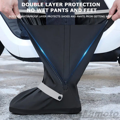 Motorcycle shoe cover BikerZoneZ, black waterproof with blue zipper trim and ankle strap on Tampa Home & Garden Store