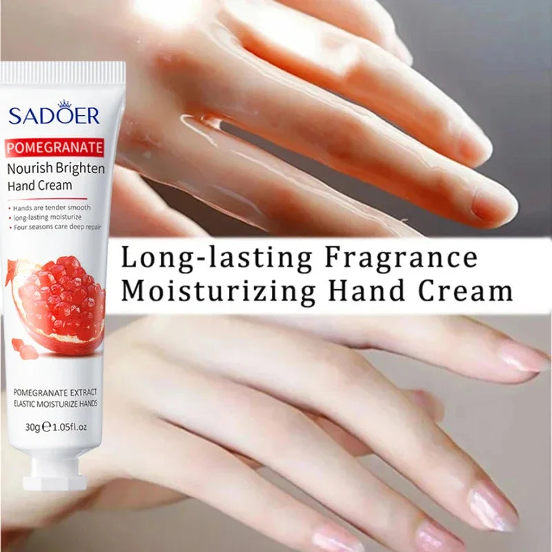 Sadoer Pomegranate Hand Cream tube with pomegranate image, nourishing moisturizing hand cream on Tampa Home & Garden Store