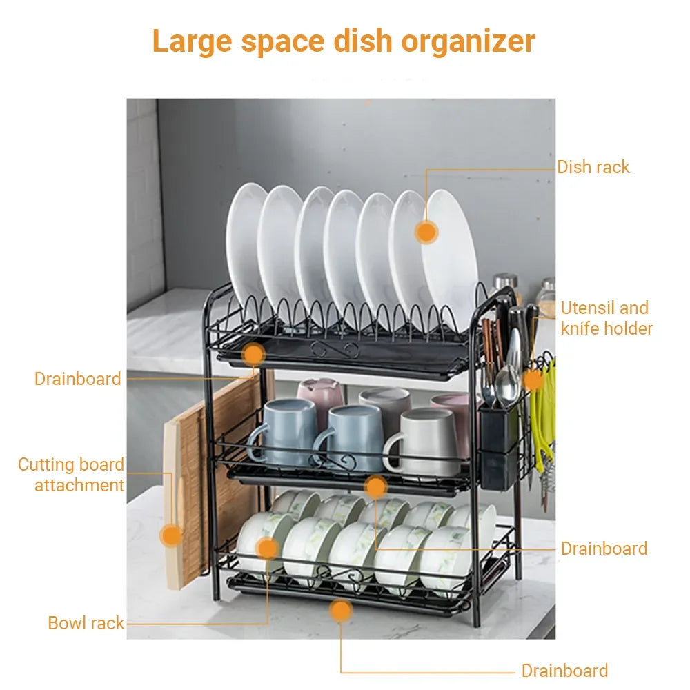 3-Tier Kitchen Drying Rack & Dish Organizer Shelf with Drain Board