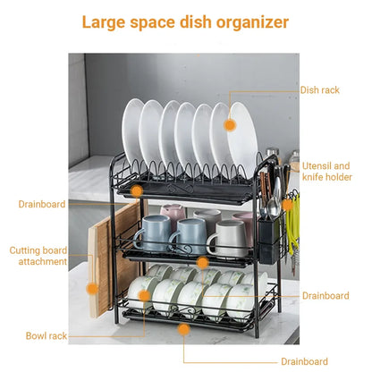 3-Tier Kitchen Drying Rack & Dish Organizer Shelf with Drain Board