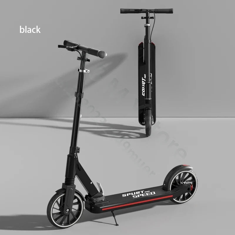 Foldable kick scooter, black 2-wheel design with red deck trim, upright and folded shown on Tampa Home & Garden Store