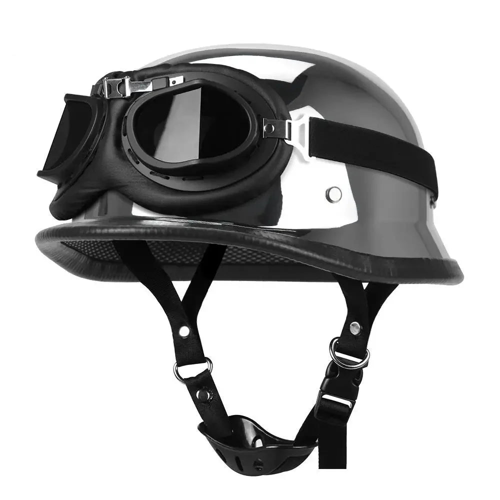 DOT-certified half helmet retro motorcycle with black goggles, gray shell and chin strap on Tampa Home & Garden Store