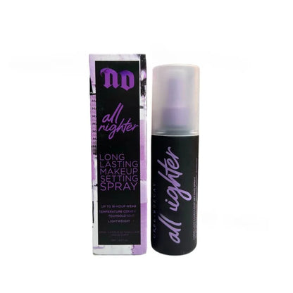 Urban Decay All Nighter makeup setting spray bottle and box, black bottle with purple logo on Tampa Home & Garden Store