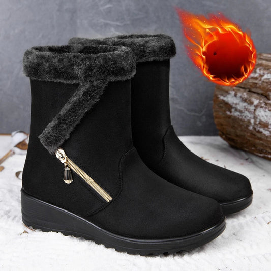 Women's black UpTrend Deals winter fashion boots with faux fur cuff, gold zip, wedge heel on Tampa Home & Garden Store