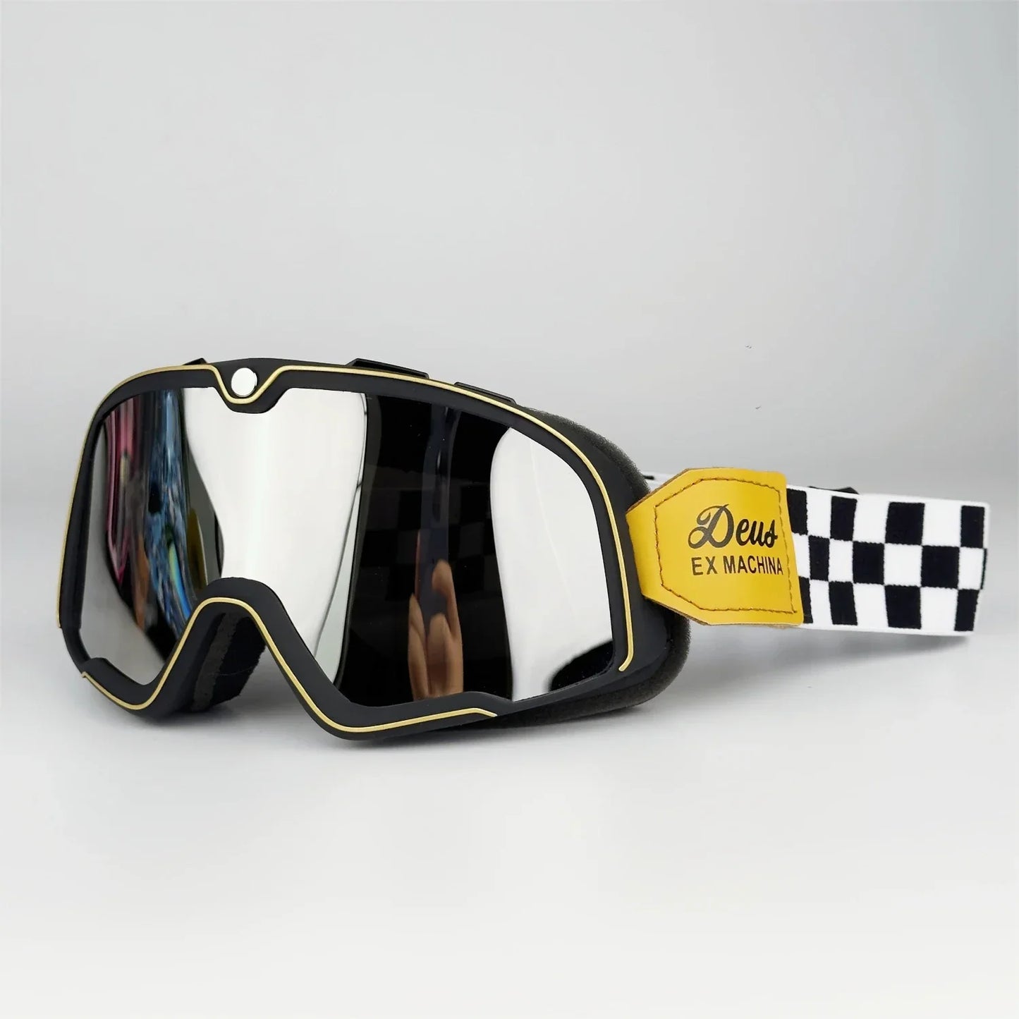 MX goggles black frame with gold trim, mirrored lenses, checkered strap Deus Ex Machina on Tampa Home & Garden Store