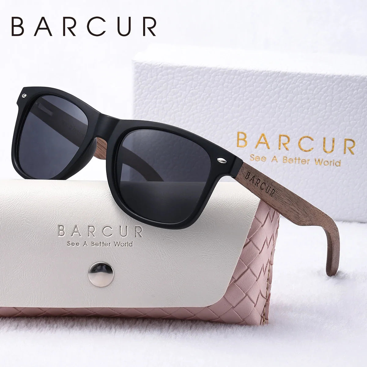 BARCUR oval sunglasses, black frame and natural wood temples, polarized PC lenses Stevvex on Tampa Home & Garden Store