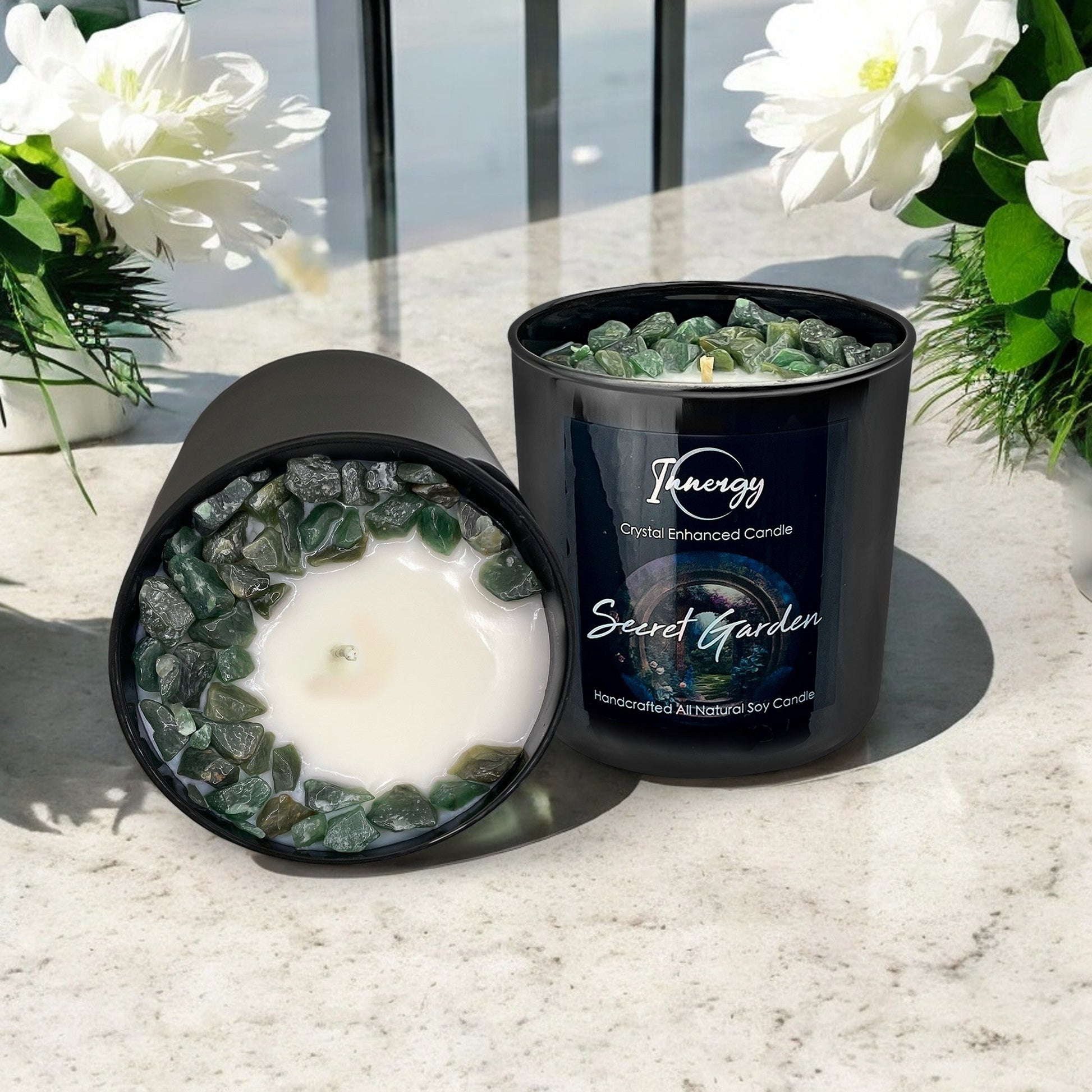 Secret Garden Crystal Candle with Green Aventurine | Coconut-Soy Wax Candle, 9oz - Tampa Home & Garden Store