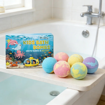 Kids bath bombs box by Silcy Skin with colorful ocean graphics and sea creatures on Tampa Home & Garden Store