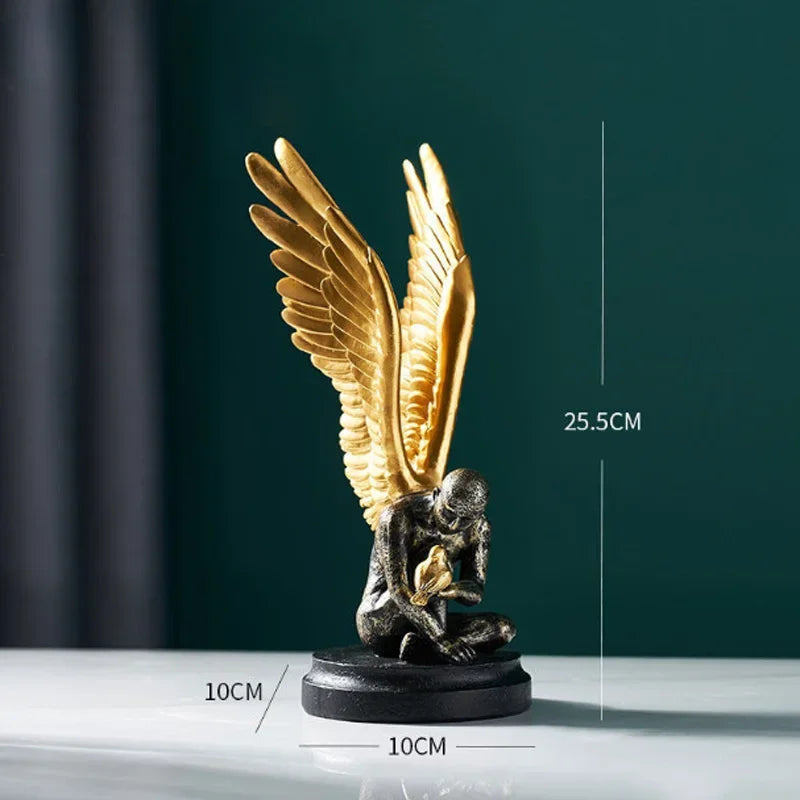 Angel Wings statue by Perfecsy, black resin figure with golden wings, modern decor on Tampa Home & Garden Store