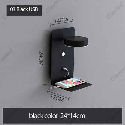 Perfecsy LED wall light with USB switch, black finish, wall shelf for phone (24x14cm) on Tampa Home & Garden Store