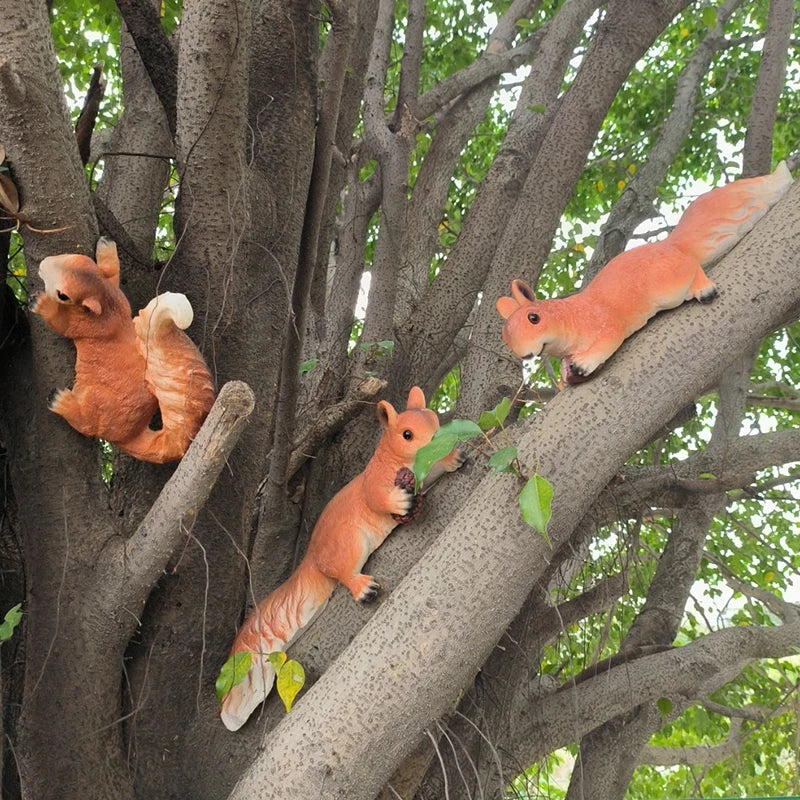 Squirrel figurine statues Perfecsy, resin garden decor, 3 hanging tree climbers in orange on Tampa Home & Garden Store