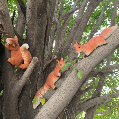 Squirrel figurine statues Perfecsy, resin garden decor, 3 hanging tree climbers in orange on Tampa Home & Garden Store