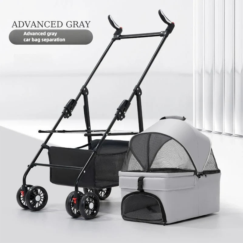 Pet Zen 3-in-1 folding dog stroller with detachable carrier, gray frame and breathable mesh on Tampa Home & Garden Store