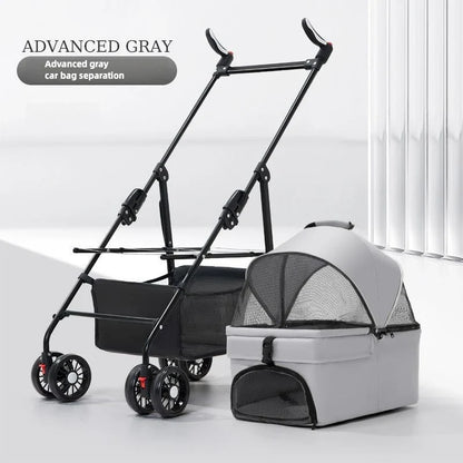 Pet Zen 3-in-1 folding dog stroller with detachable carrier, gray frame and breathable mesh on Tampa Home & Garden Store