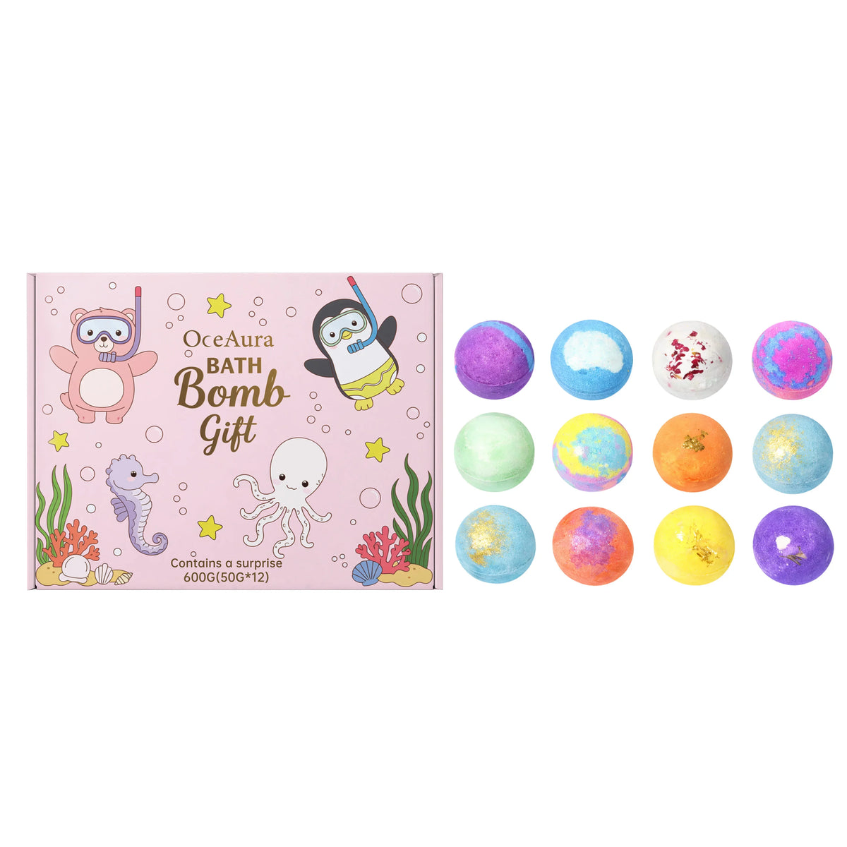 12pc Silcy Skin bath bomb gift set with colorful rainbow fizzies and surprise toy inside on Tampa Home & Garden Store
