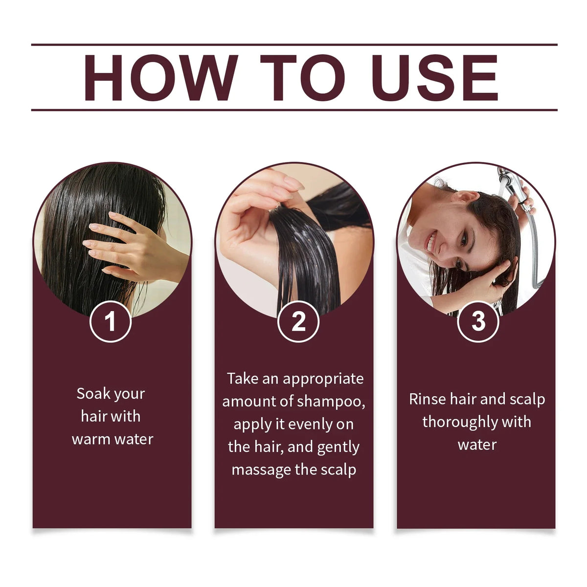 Batana shampoo how-to infographic by Silcy Skin showing soak hair, apply shampoo evenly, rinse thoroughly on Tampa Home & Garden Store