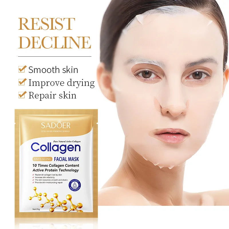 SADOER Collagen Facial Mask sheet mask in gold packaging; model wearing mask for firming skin on Tampa Home & Garden Store