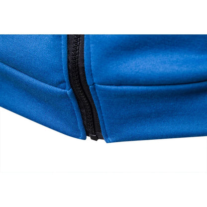 Blue men's zip-up hoodie close-up with front zipper and pocket detail on Tampa Home & Garden Store