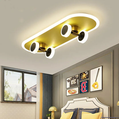 DecorBites Kids Skateboard LED Ceiling Light, white LED rim with gold deck on Tampa Home & Garden Store
