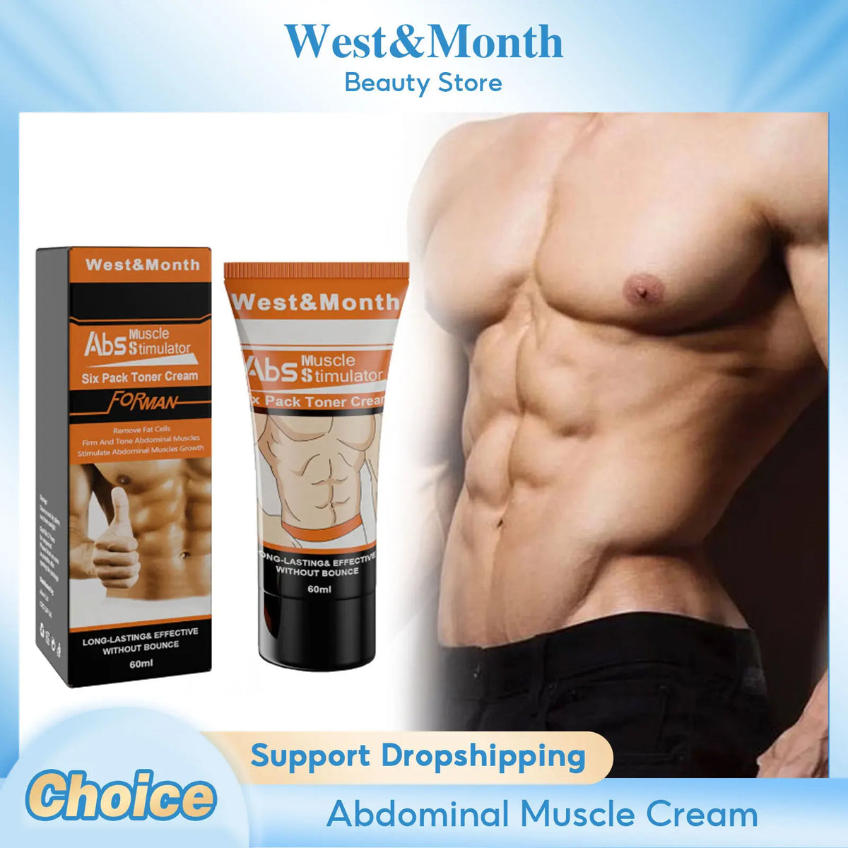 Abs stimulator cream Silcy Skin with West&Month and a 60ml tube beside muscular torso on Tampa Home & Garden Store