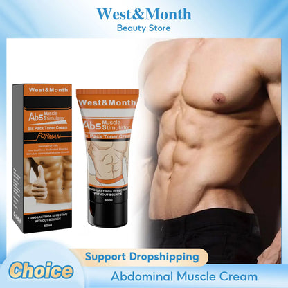 Abs stimulator cream Silcy Skin with West&Month and a 60ml tube beside muscular torso on Tampa Home & Garden Store