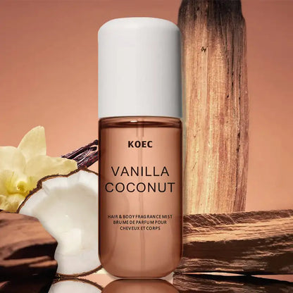 KOEC Vanilla Coconut fragrance mist bottle, copper-brown glass with white cap on Tampa Home & Garden Store