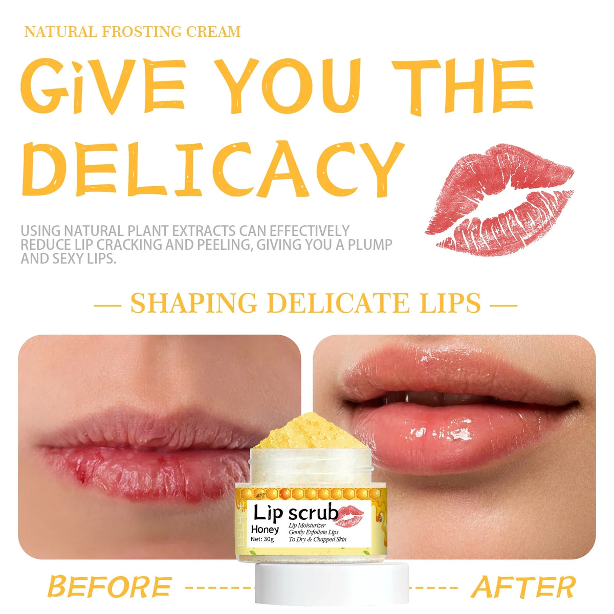 Silcy Skin EELHOE Honey Lip Scrub jar with honey-colored scrub and two close-up lips on Tampa Home & Garden Store