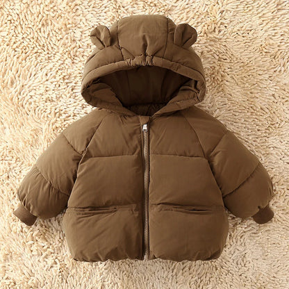 Kids brown puffer down jacket with bear-ear hood, zip front, two pockets UpTrend Deals on Tampa Home & Garden Store