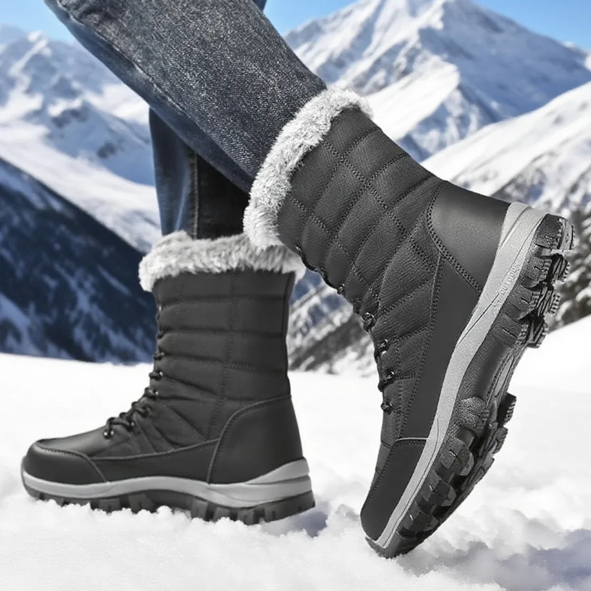 Men's waterproof snow boots in black with faux fur trim and rugged lug outsole UpTrend Deals on Tampa Home & Garden Store