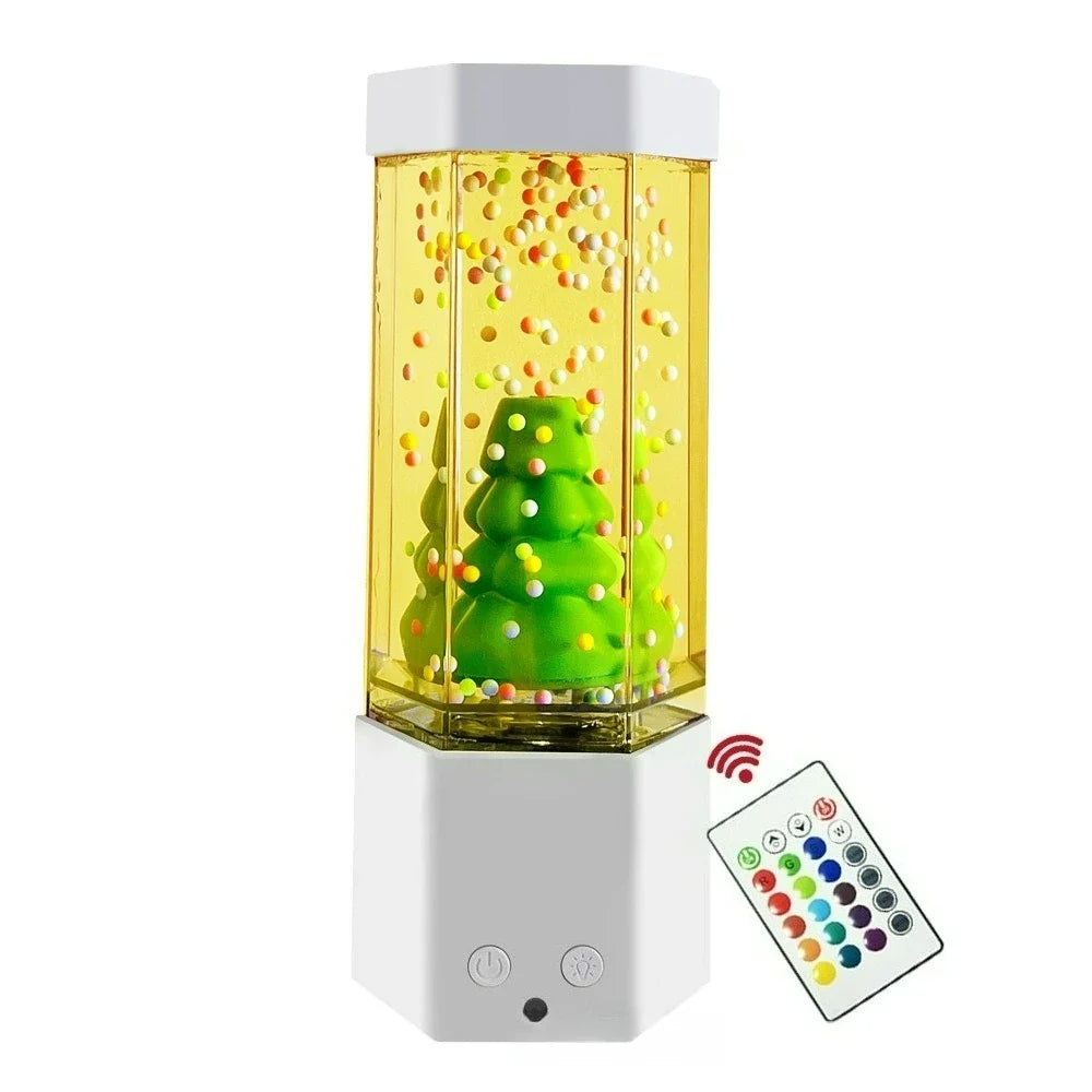 Perfecsy water lantern decor with a green Christmas tree in yellow liquid and bubbles remote on Tampa Home & Garden Store