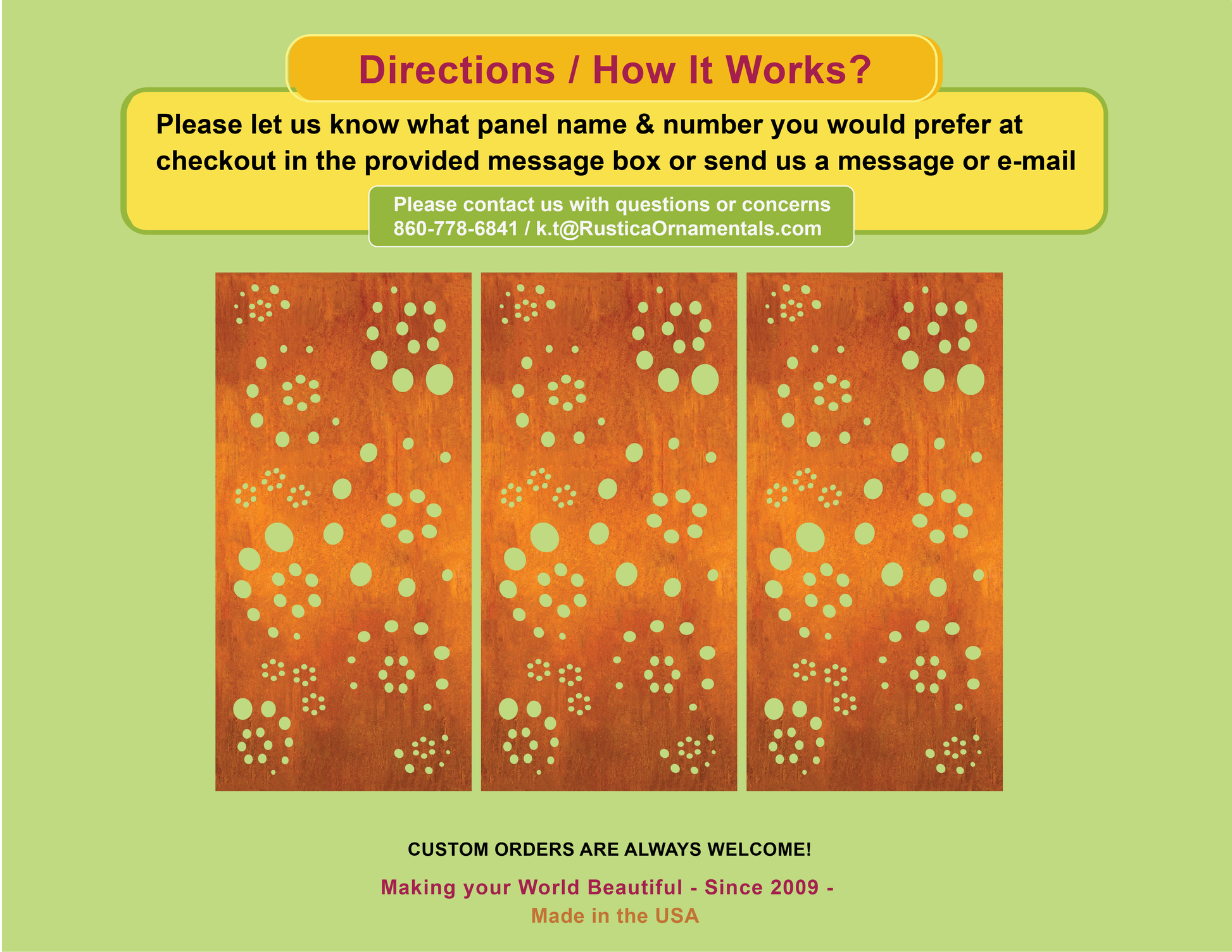 Rustica Ornamentals metal privacy screen set, 4 orange panels with mint-green circles on Tampa Home & Garden Store