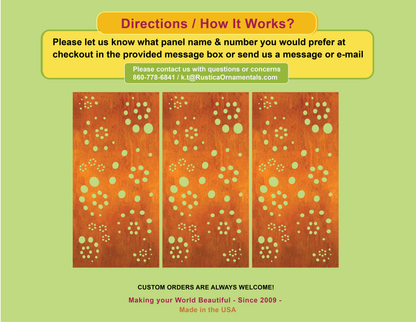 Rustica Ornamentals metal privacy screen set, 4 orange panels with mint-green circles on Tampa Home & Garden Store