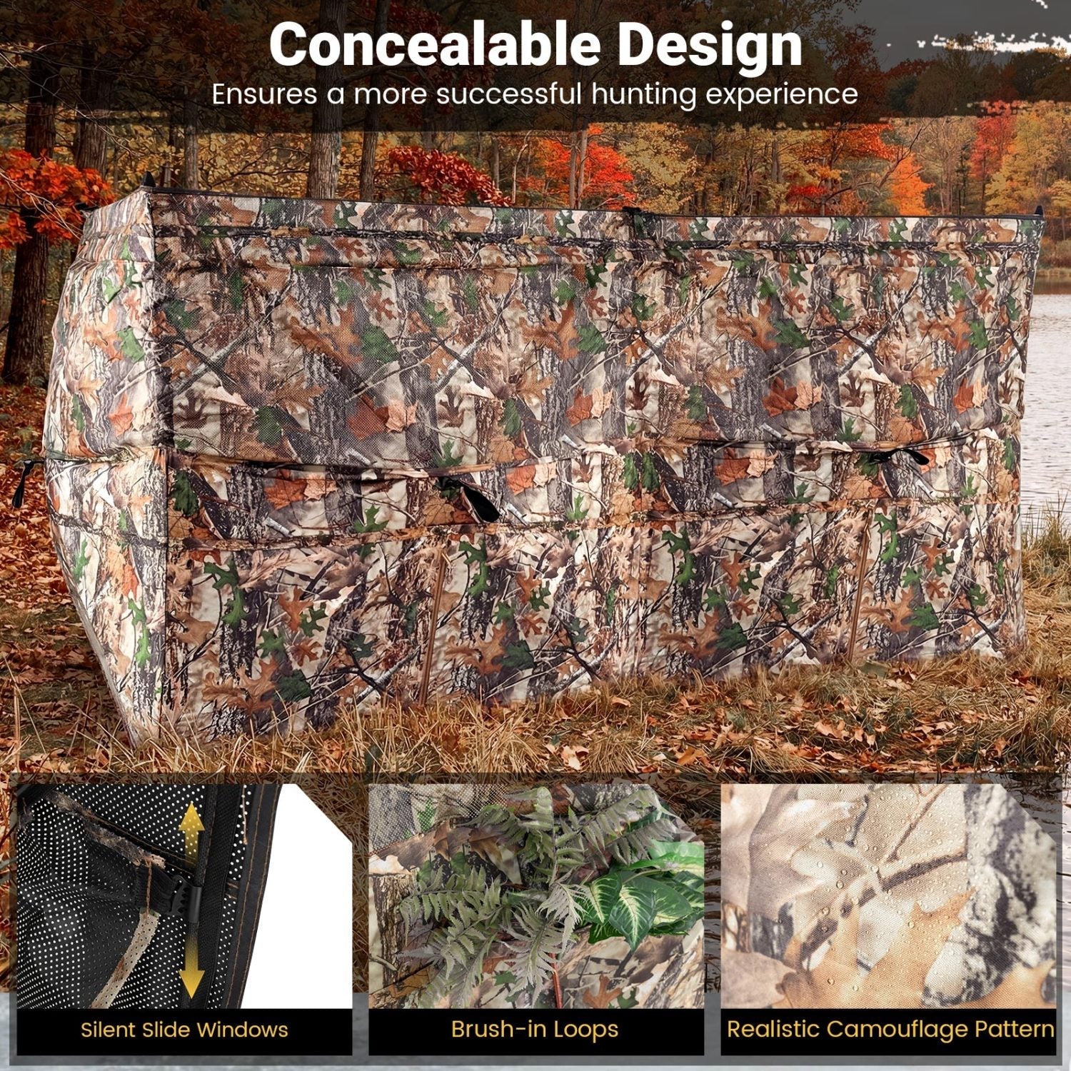 GemGear see-through hunting blind panel with dog door in camo pattern for 1–3 people by a lake on Tampa Home & Garden Store