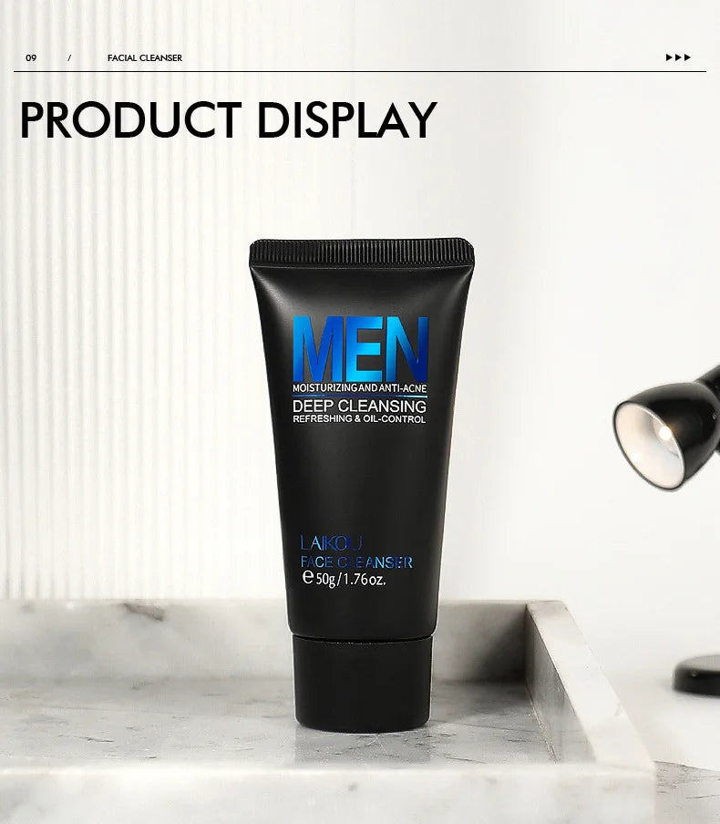 LAIKOU Men facial cleanser tube, black 50g with blue MEN lettering on marble surface on Tampa Home & Garden Store