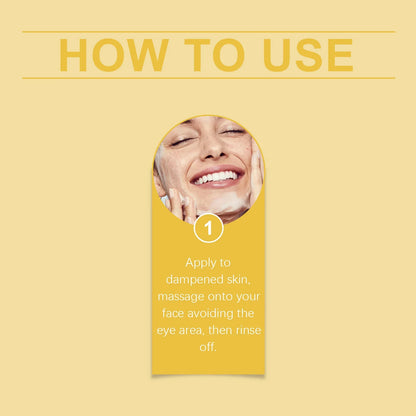 Silcy Skin Honey Facial Foaming Cleanser infographic showing smiling model applying cleanser on Tampa Home & Garden Store