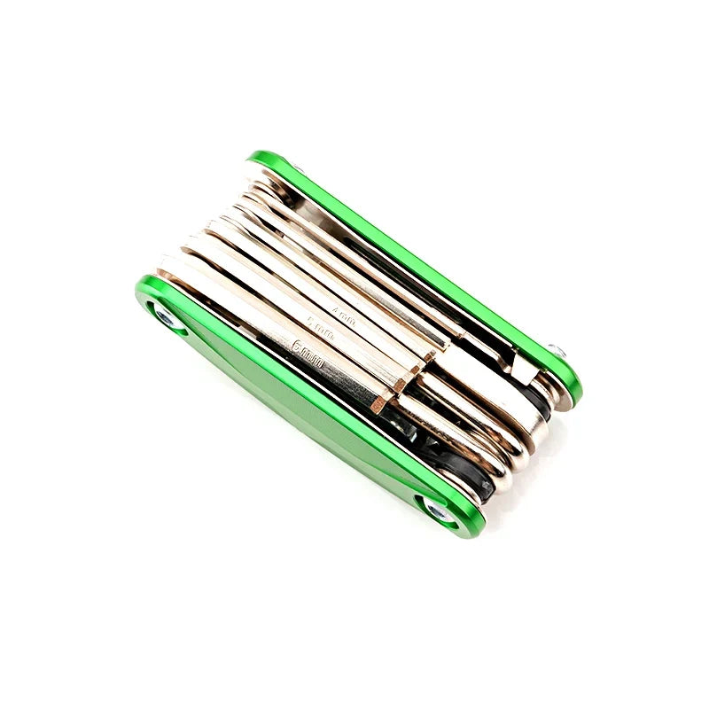 BikerZoneZ motorcycle/bicycle multi-tool with green metallic handles and compact fold-out bits on Tampa Home & Garden Store