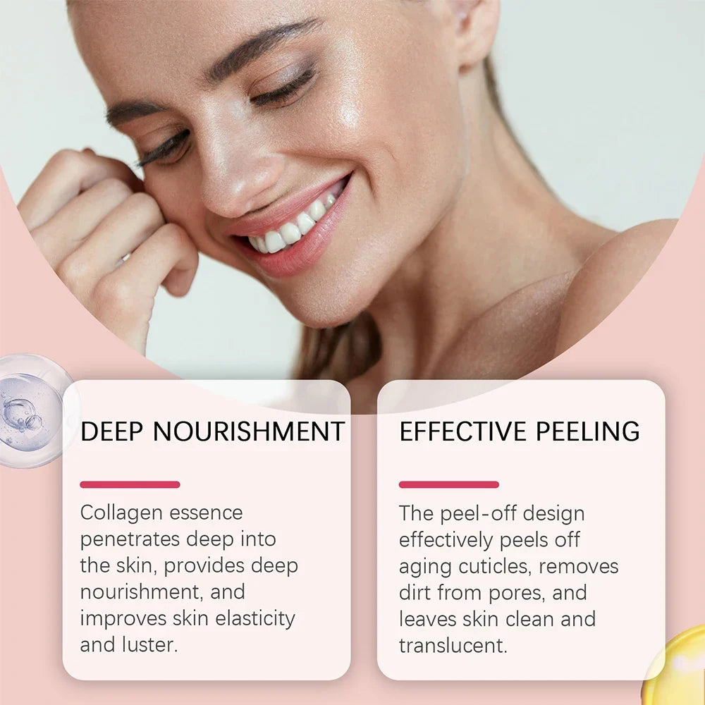 Collagen Overnight Wrapping Peel-Off Facial Mask 75g beside a smiling woman with a round jar on Tampa Home & Garden Store
