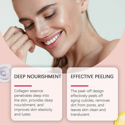 Collagen Overnight Wrapping Peel-Off Facial Mask 75g beside a smiling woman with a round jar on Tampa Home & Garden Store