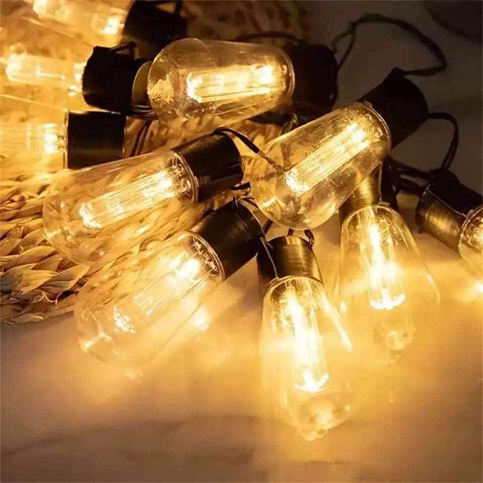 Solar bulb string lights, warm white glow, glass bulbs, outdoor waterproof garden decor on Tampa Home & Garden Store
