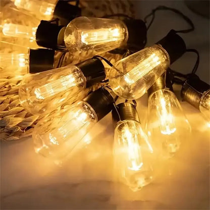 Solar bulb string lights, warm white glow, glass bulbs, outdoor waterproof garden decor on Tampa Home & Garden Store