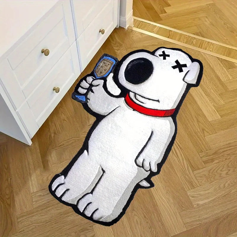 Cartoon bear rug in white with red collar, holding a blue object on a wooden floor on Tampa Home & Garden Store